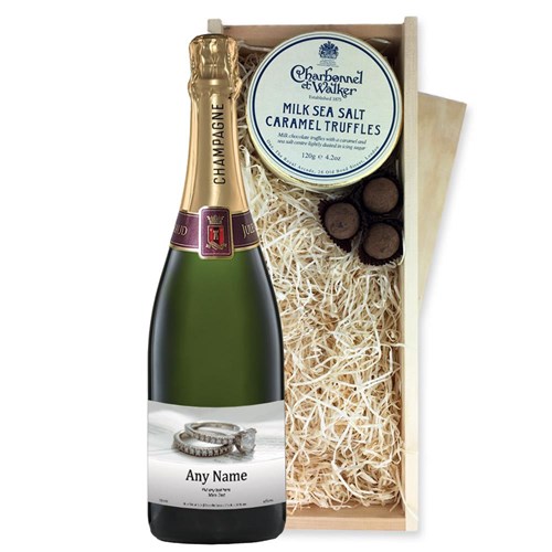 Personalised Champagne - Engagement Ring Label And Milk Sea Salt Charbonnel Chocolates Box